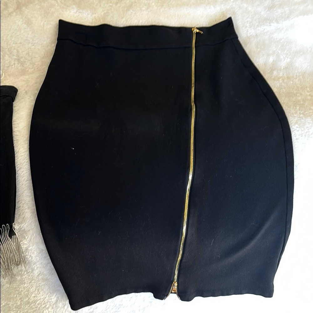 Black and Gold Asymmetrical Mini Pencil Skirt